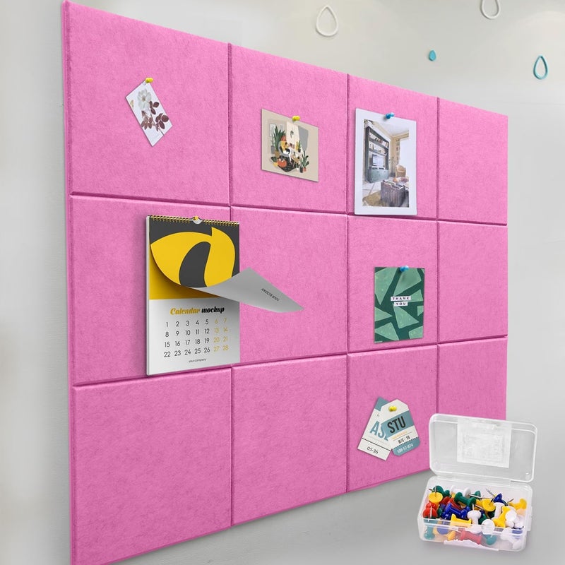 ZHIDIAN Felt Wall Tiles Bulletin Board with Removable Adhesive, 47"x35" Pink Cork Board Alternative with 40 Push Pins, 12 Pack Large Office Cork Tile Push Board Felt Squares for Walls - Image 1
